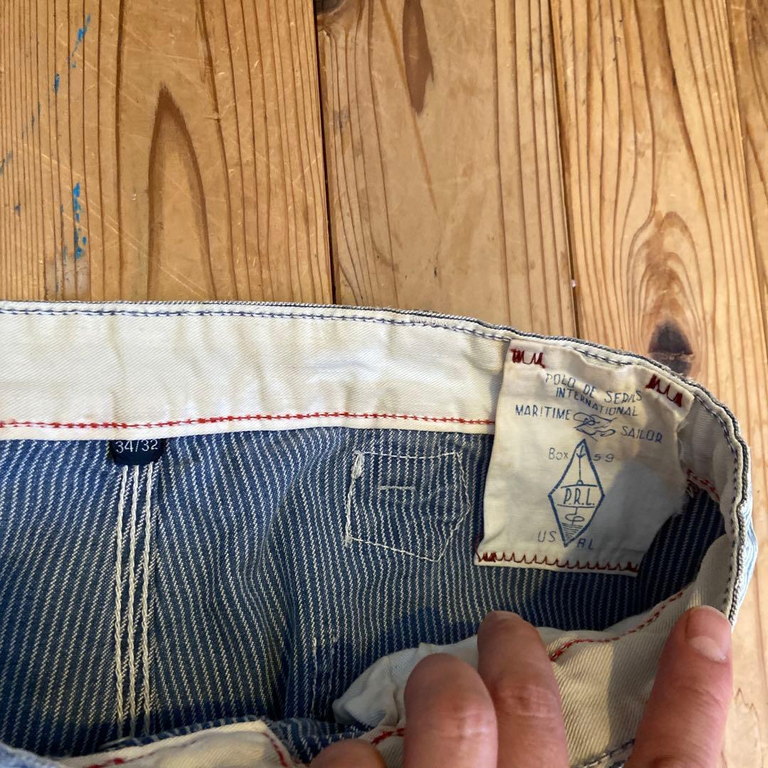 希少 POLO ラルフローレン ヒッコリー ストライプ ダメージ加工 パンツ