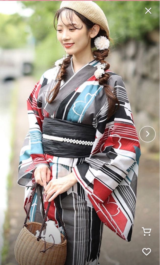 浴衣 幾何学模様 赤黒白青大きいサイズ4L-5Lセパレート