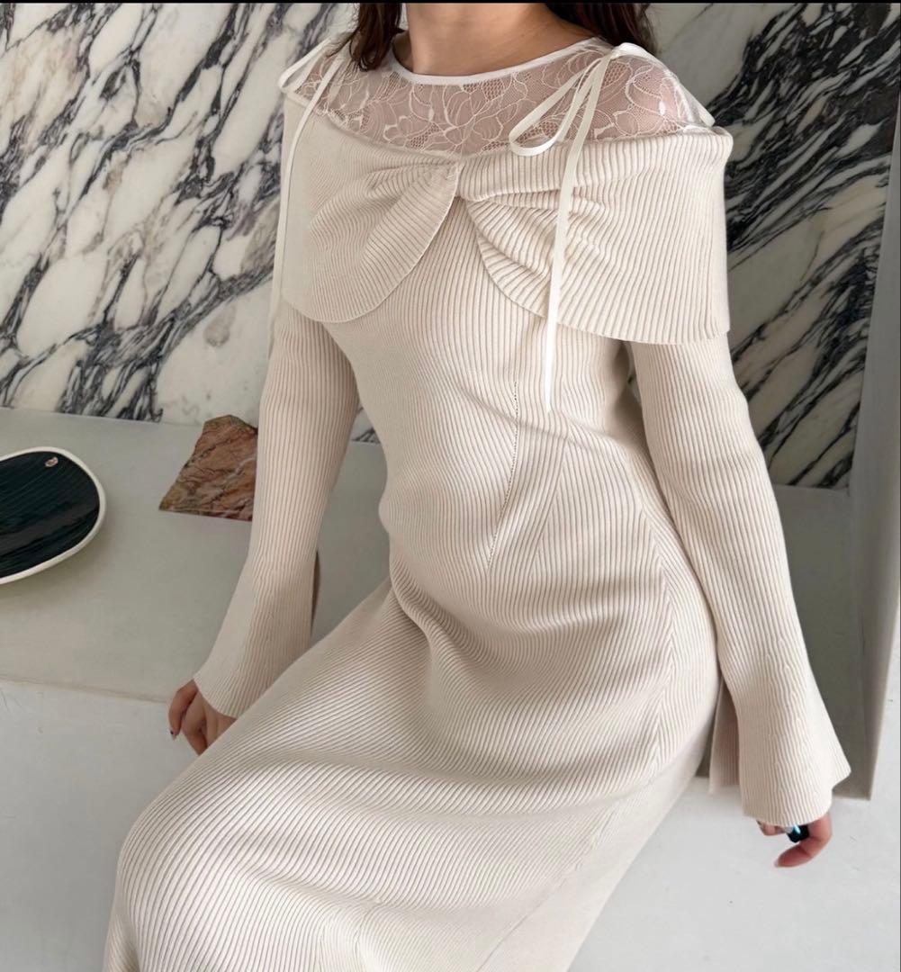 レース切替オフショルニットワンピース