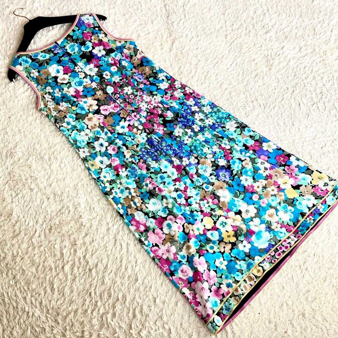 【極美品】レオナール ボタニカル フラワートリム Aライン ワンピース ブルー