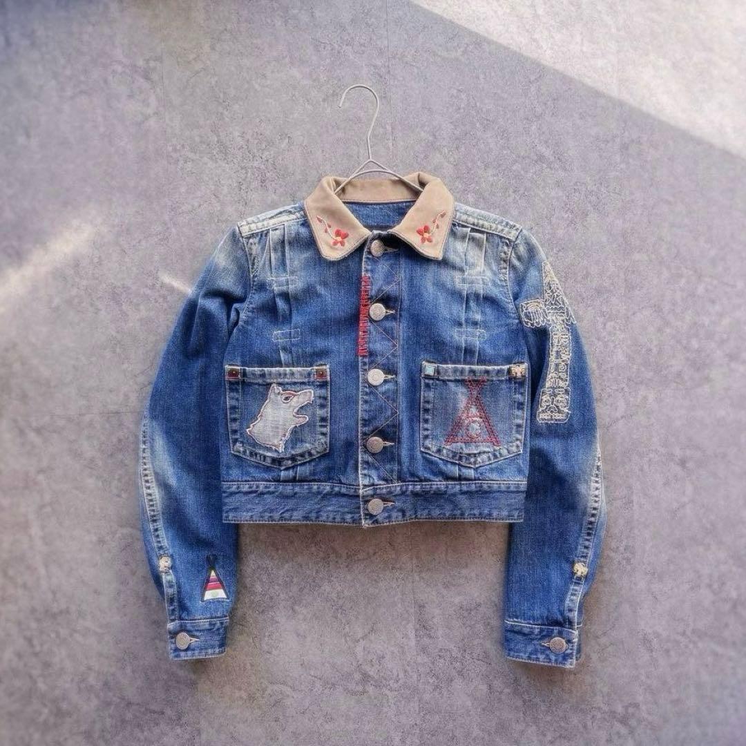 DSQUARED2 クロップド丈 デニムジャケット 本革襟 刺繍 y2k