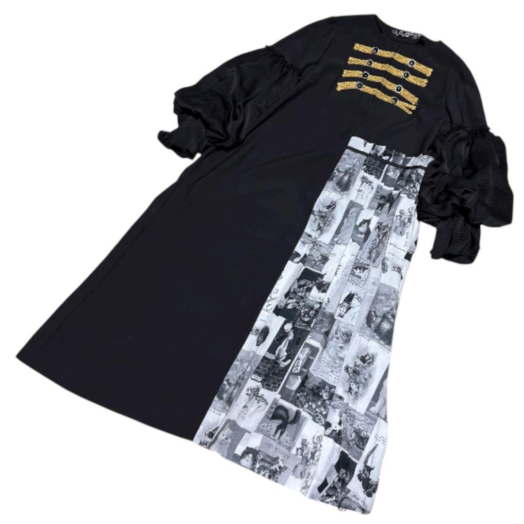 ふりふ from cats ナポレオンワンピース　総柄　猫　キャット　ブラック