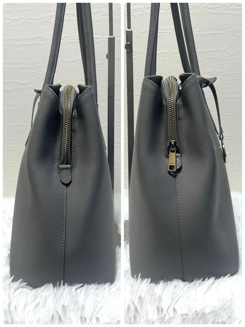 美品✨フルラ テッサ トートバッグ レザー グレー　底鋲 自立 A4 通勤 通学