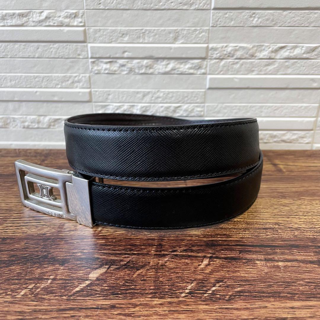 美品 セリーヌ レザー トリオンフ ロゴ シルバー金具 バックル ベルト 黒
