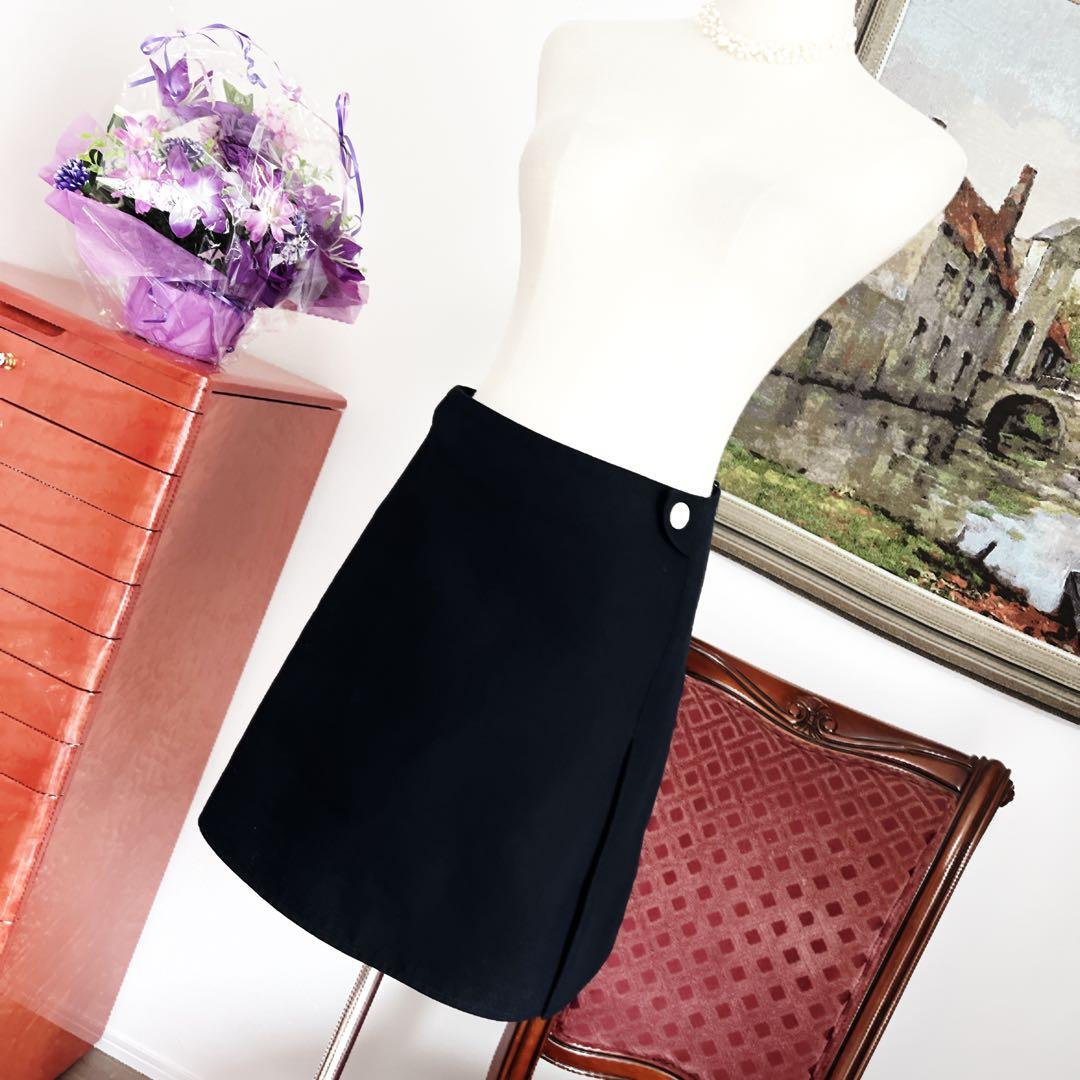 美品　HERMES エルメス　ウール　ネイビー　台形　スカート　シェル　セリエ