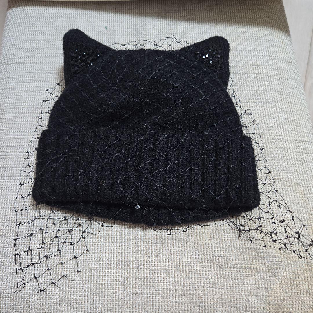 CA4LA黒の猫耳リボンニット帽