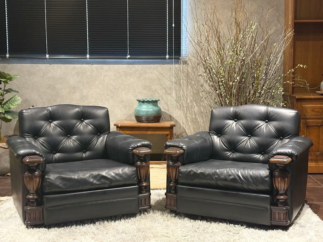 ①karimoku カリモク　レザーソファ　本革　リベット打ち　アンティーク　G