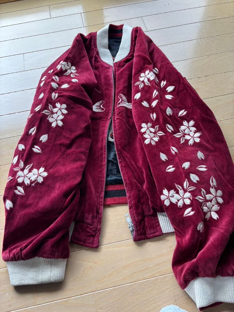 百花繚乱リバーシブルスカジャン 別珍Sサイズワインレッド