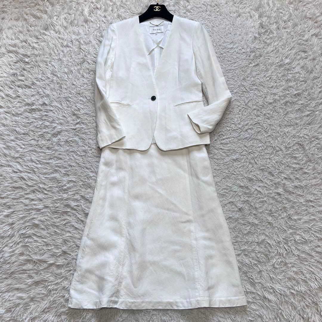 美品 現行 ベイジ セットアップスーツ ノーカラージャケット リネン混 スカート