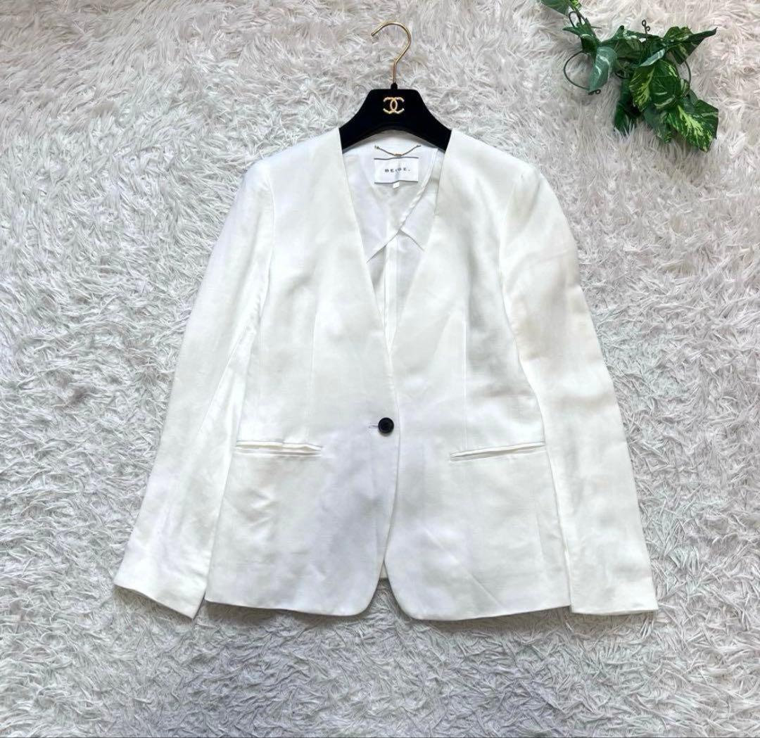 美品 現行 ベイジ セットアップスーツ ノーカラージャケット リネン混 スカート