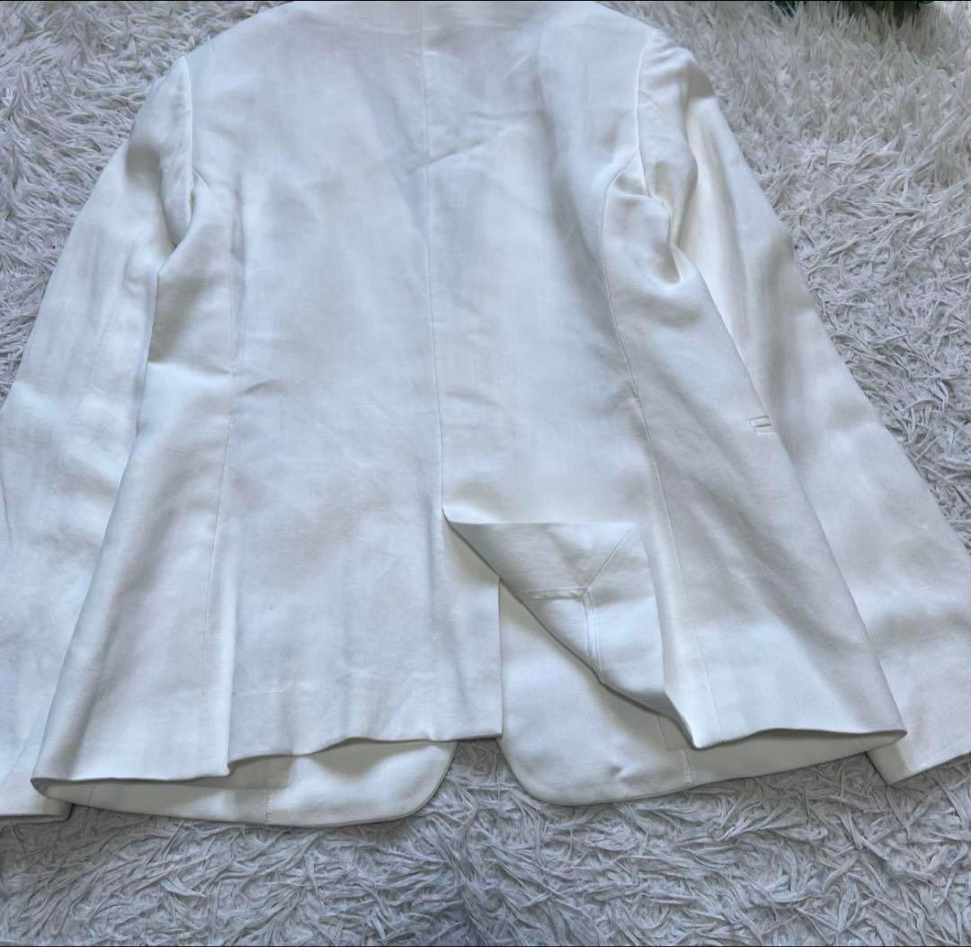 美品 現行 ベイジ セットアップスーツ ノーカラージャケット リネン混 スカート