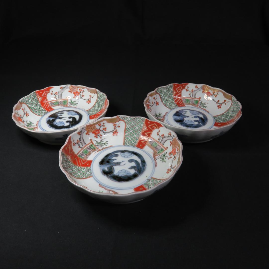 なます皿 3枚 梅図 江戸時代 蛇の目高台 古伊万里 高台欠け