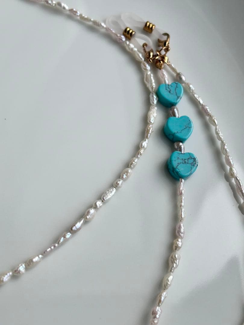 淡水パール　ターコイズ　ハート　メガネ　マスク　チェーン　2way