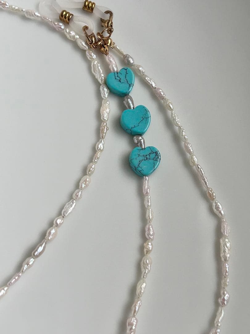 淡水パール　ターコイズ　ハート　メガネ　マスク　チェーン　2way