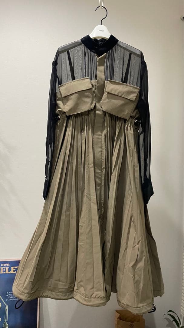 Sacai シアー プリーツ ワンピース ミリタリー ワーク ベージュ