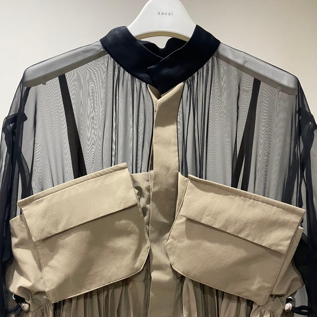 Sacai シアー プリーツ ワンピース ミリタリー ワーク ベージュ