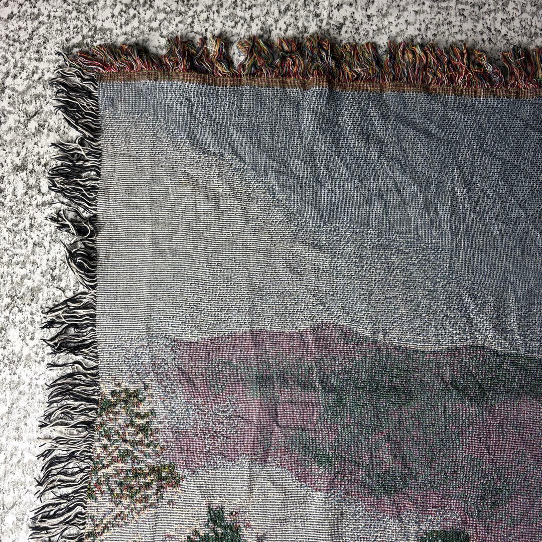 【90sオールド】風景画　フリンジ付き　ヴィンテージラグ　タペストリー