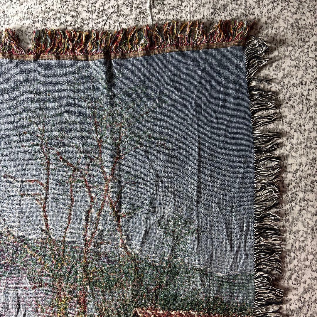 【90sオールド】風景画　フリンジ付き　ヴィンテージラグ　タペストリー