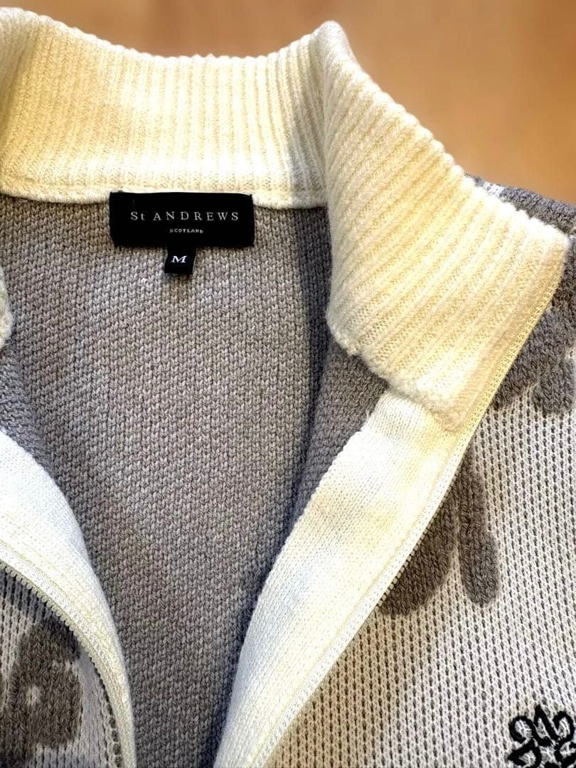 ◼️St ANDREWS ◼️ロゴニットブルゾンM 白グレー美品
