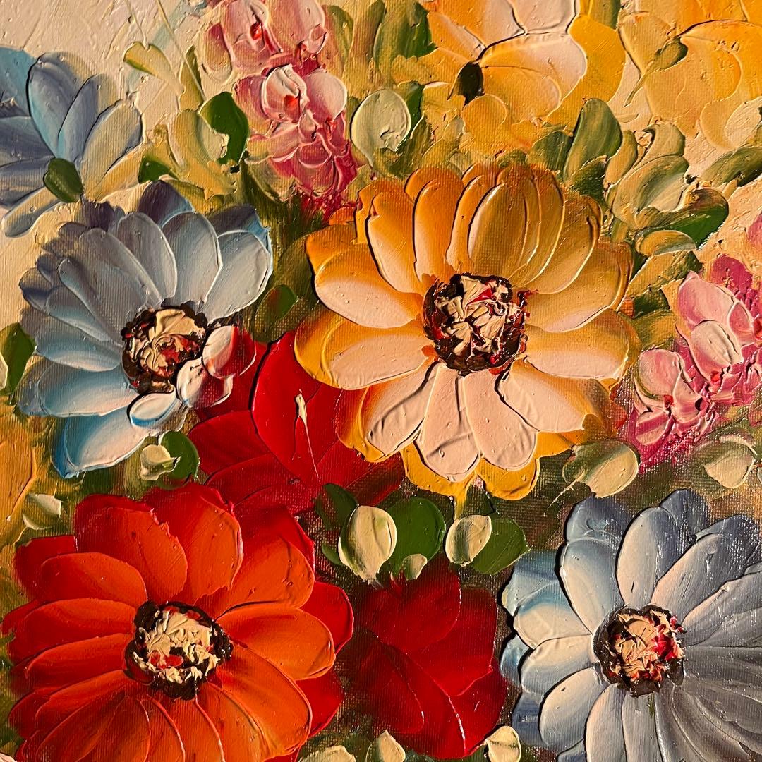 （大）手描き油絵 ３枚組 花瓶の花 額付 額付き 絵画 インテリア 油彩画