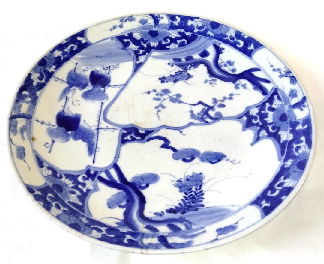 陶器 大皿 染付 柄三面 Aa-337