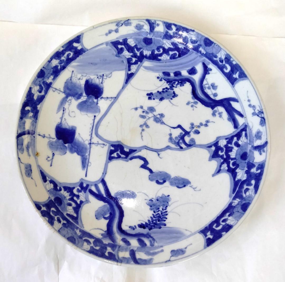 陶器 大皿 染付 柄三面 Aa-337