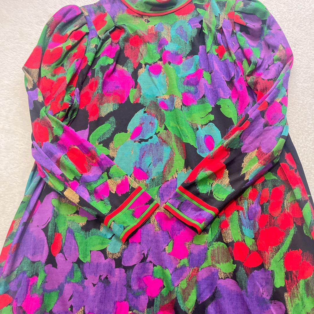 専用レオナール 花柄 水彩絵風 長袖 シルク ワンピース Mサイズ