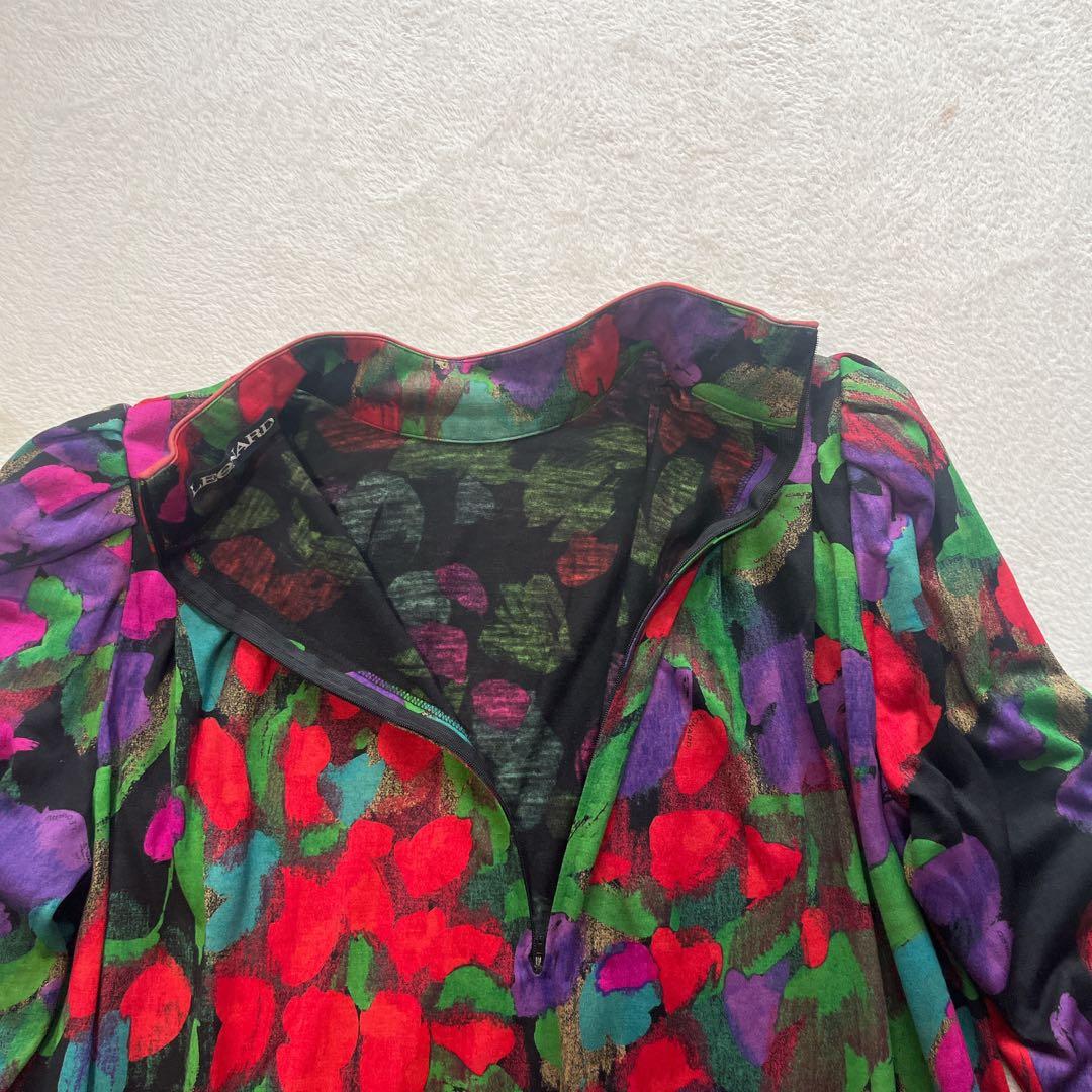 専用レオナール 花柄 水彩絵風 長袖 シルク ワンピース Mサイズ