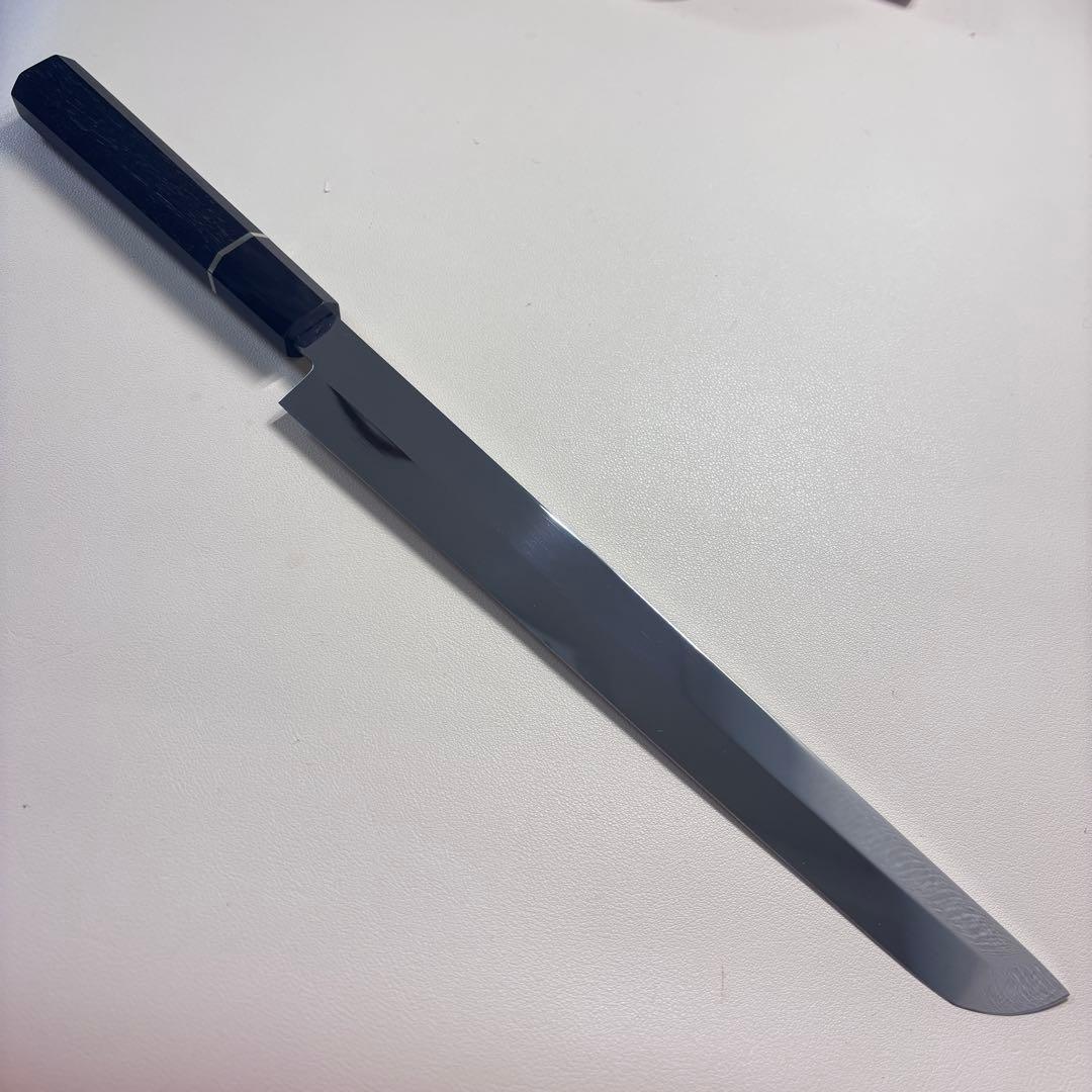 270mm先丸柳刃包丁 鏡面　黒檀黒水牛銀巻八角柄 刺身包丁 全鋼「鞘付き」