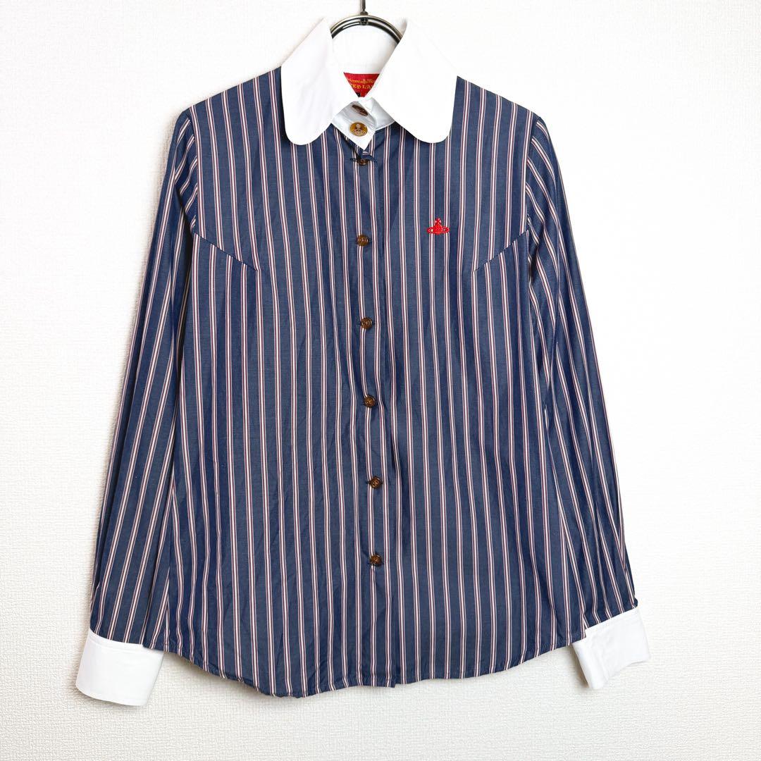 ヴィヴィアンウエストウッド　ストライプ　丸襟　長袖シャツ　オーブ刺繍