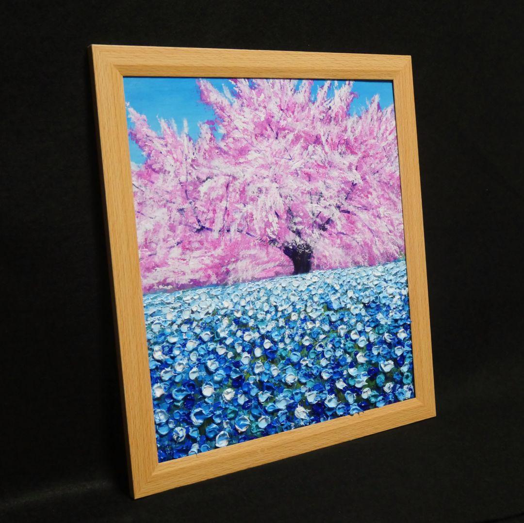 油絵 油彩 油彩画 絵 絵画【桜とネモフィラ】