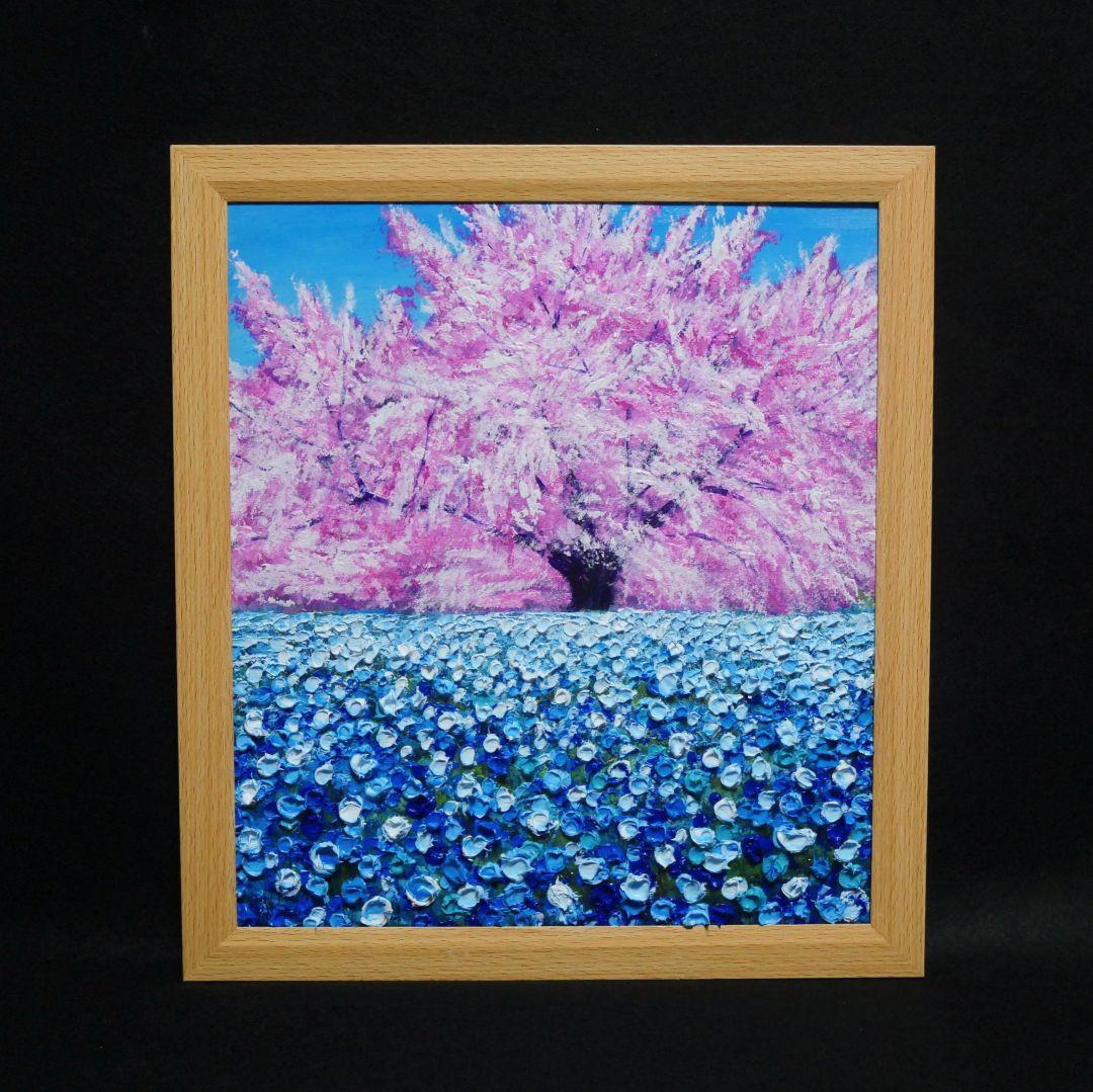 油絵 油彩 油彩画 絵 絵画【桜とネモフィラ】
