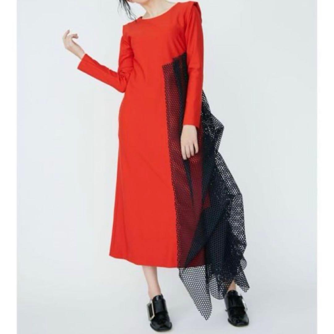 美品UN3D. アシンメトリー ドレープ ワンピース レッド 38 アンスリード