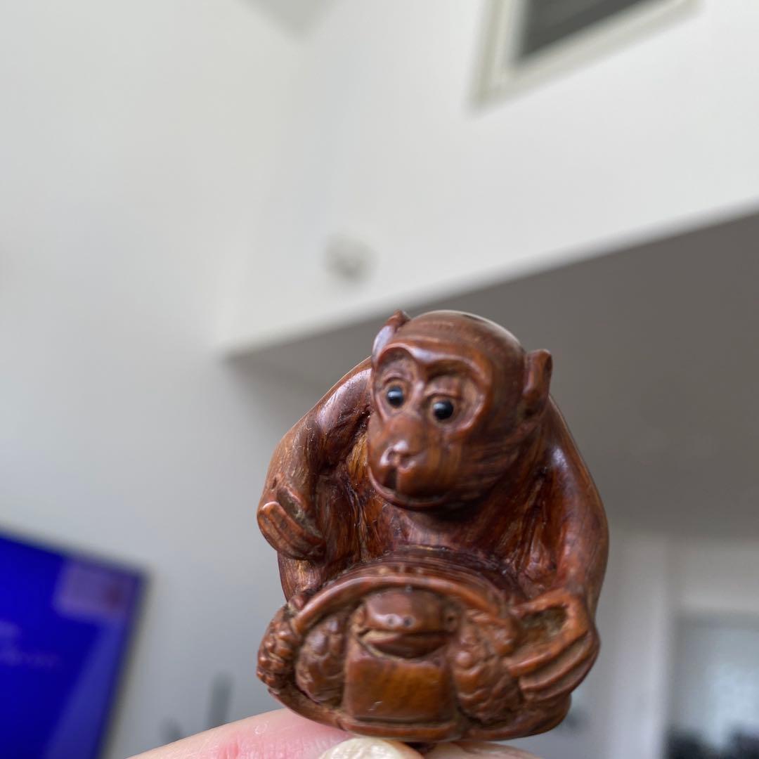 【「亀乗り猿」の根付】木彫 木彫り 置物 古玩 工芸品 骨董品