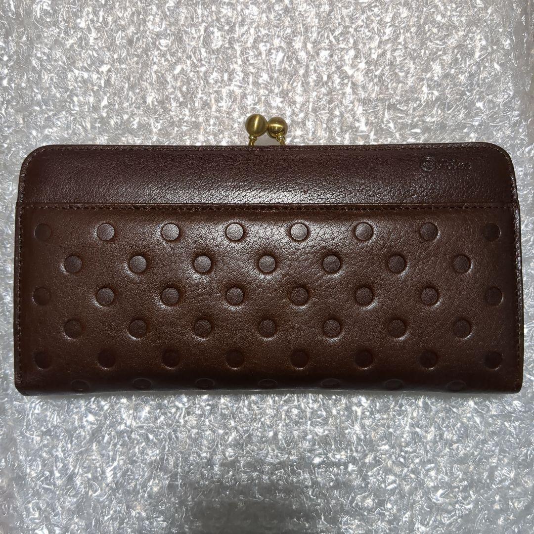 新品未使用 本革 がま口 長財布 フォルナ ドット柄型押し チョコカラー