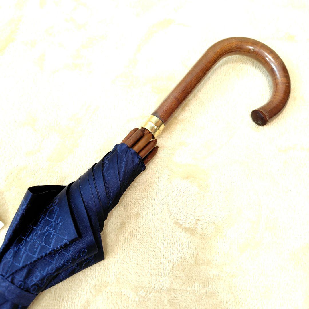 未使用級 希少 クリスチャンディオール 長傘 木製 高級傘 ロゴ 総柄 ネイビー