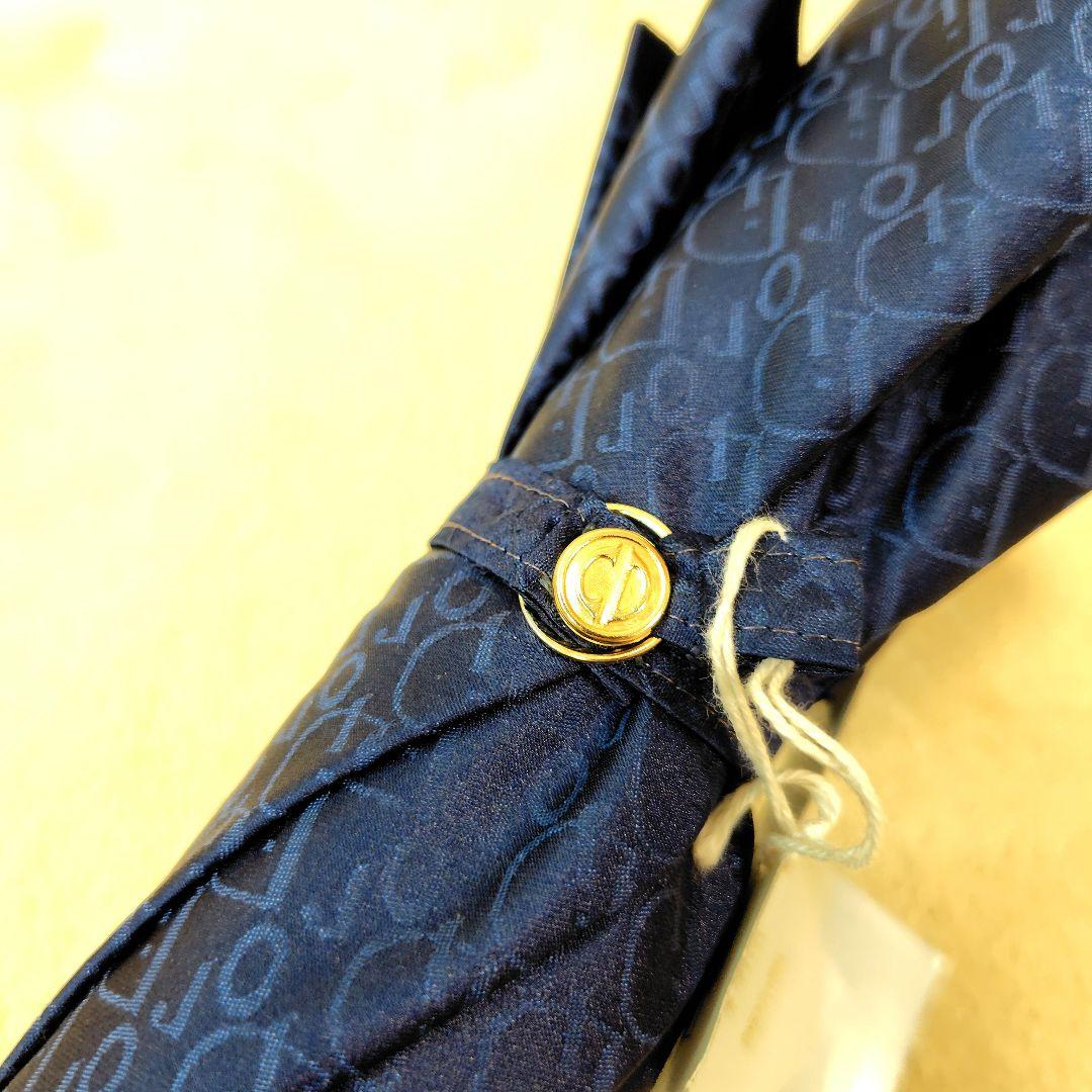 未使用級 希少 クリスチャンディオール 長傘 木製 高級傘 ロゴ 総柄 ネイビー