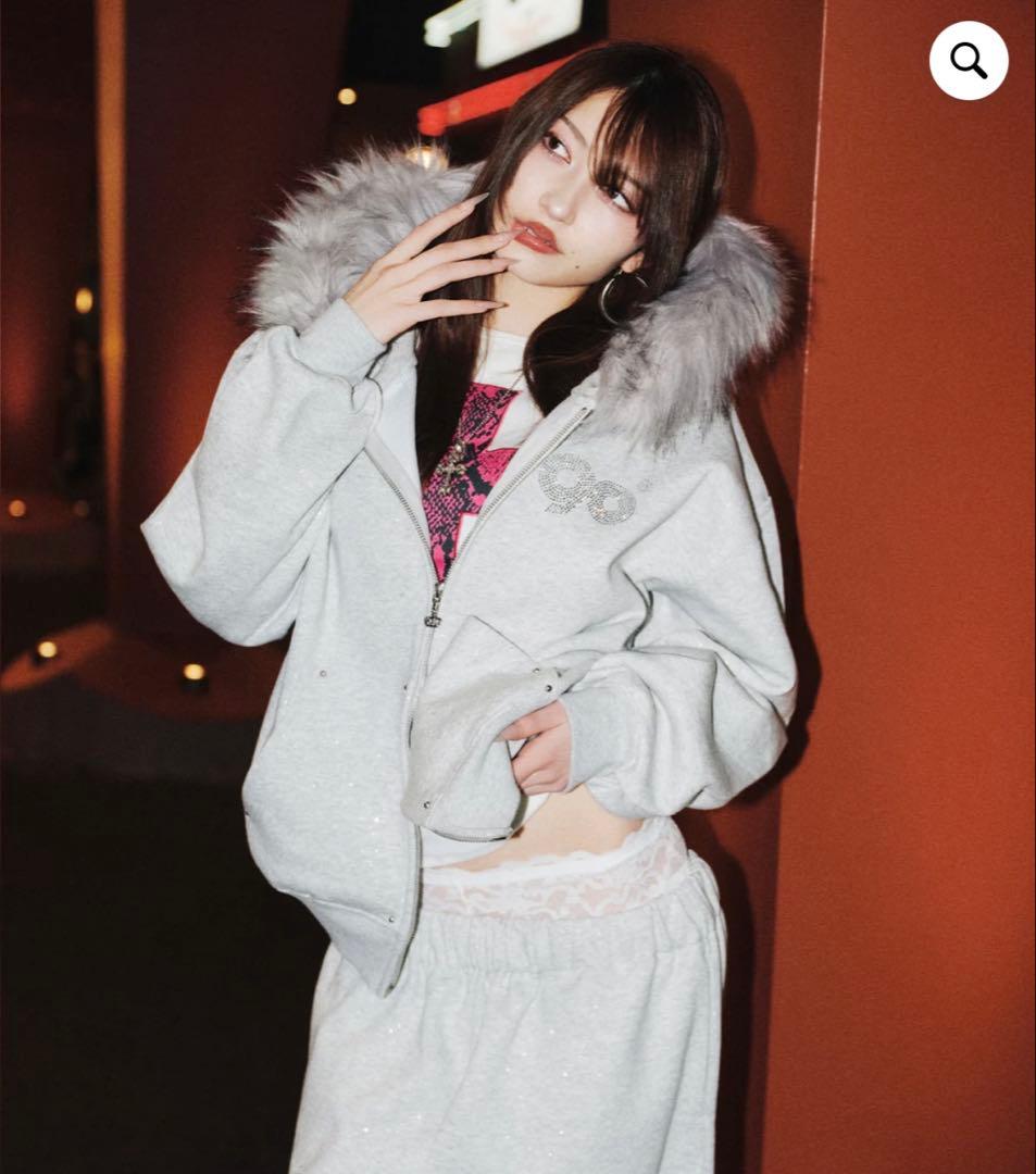 9090girlグレー ラメジップアップパーカーL