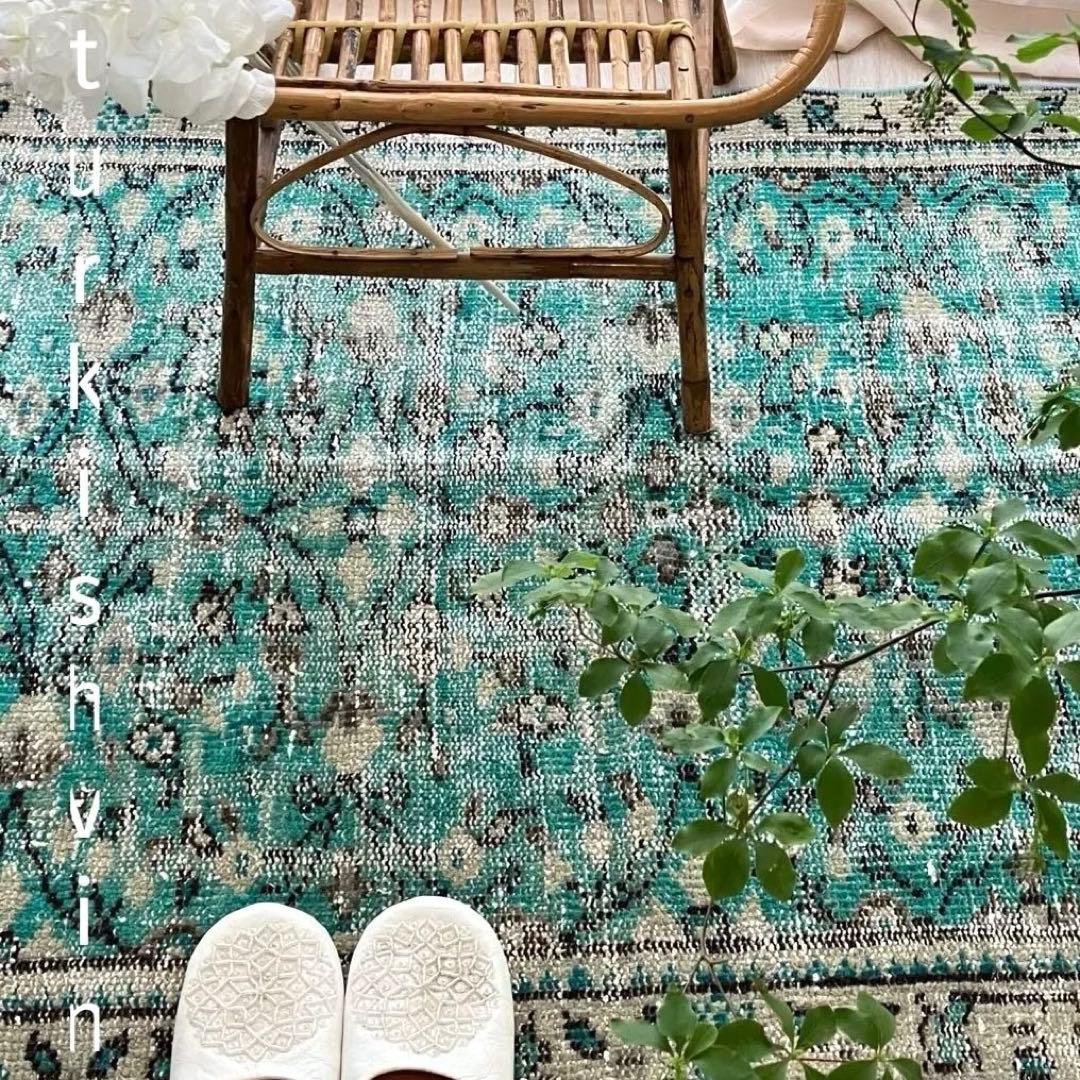 スカイブルー✳︎91×192✳︎ペールグレー　満載フラワー　トルコヴィンテージラグ