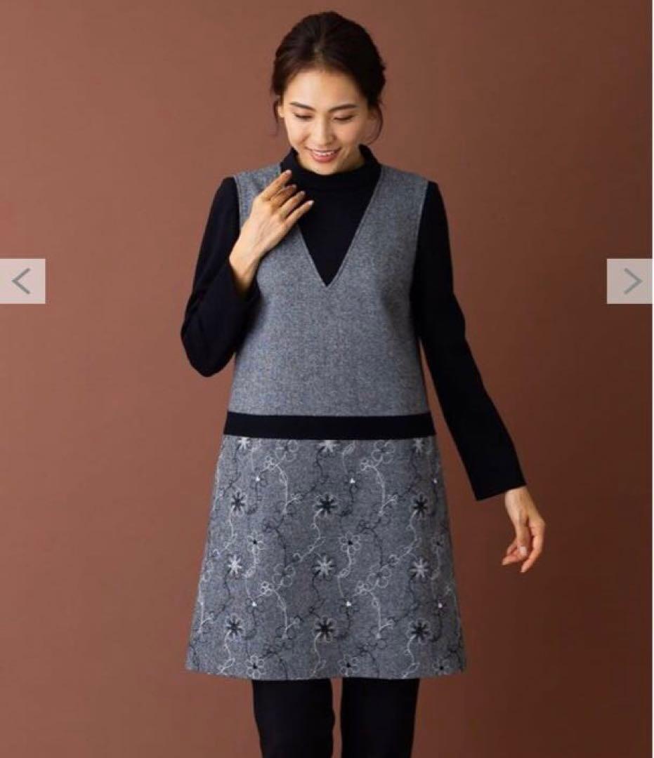 レリアン　レイヤード風　チュニック　ワンピース　現行　近年　ドッキング　刺繍