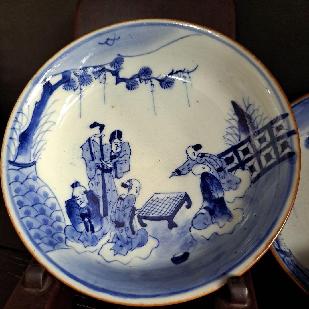 古伊万里　江戸中　 成化年製　小鉢 　人物囲碁図　縁朱 五客揃　極上