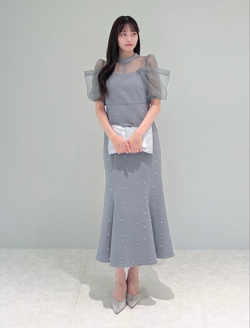 Leja パールビジューレースパフスリーブマーメイドフレアロングワンピースドレス