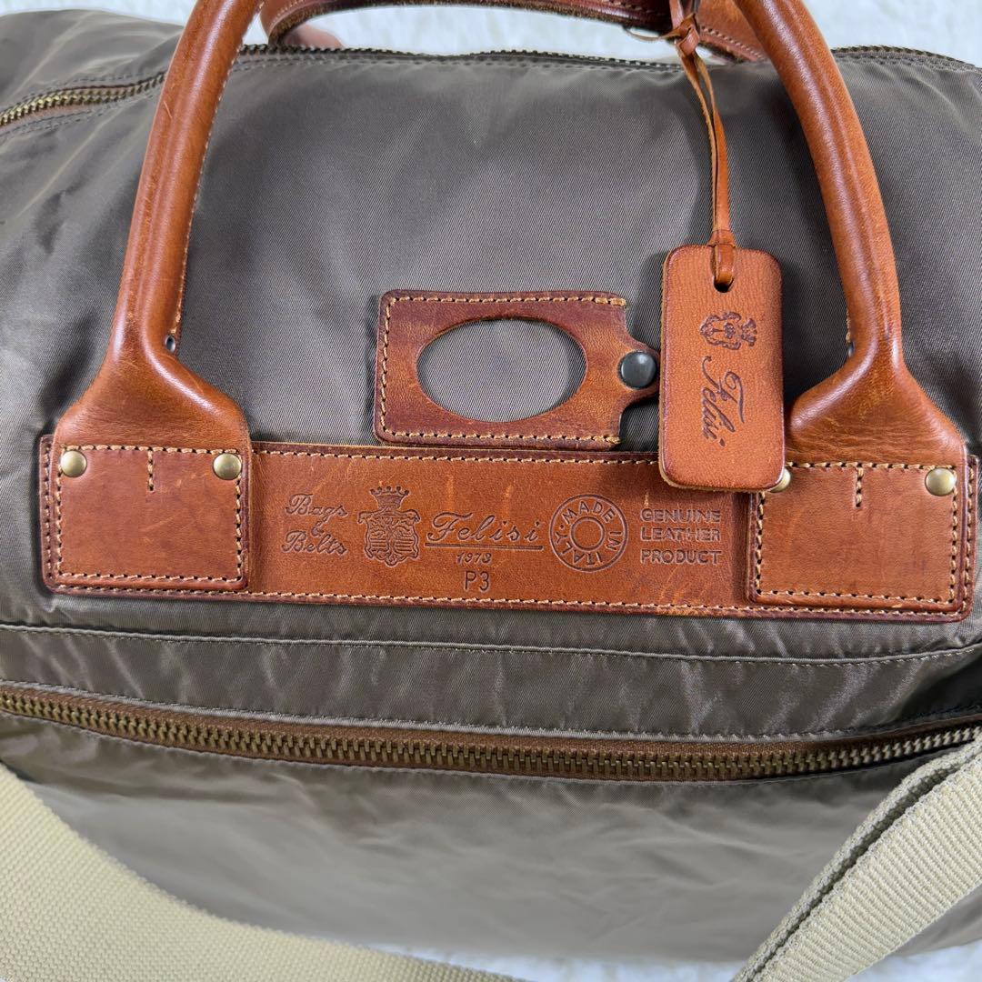 【美品】フェリージ P4 ボストンバッグ レザー ナイロン ショルダー付 カーキ