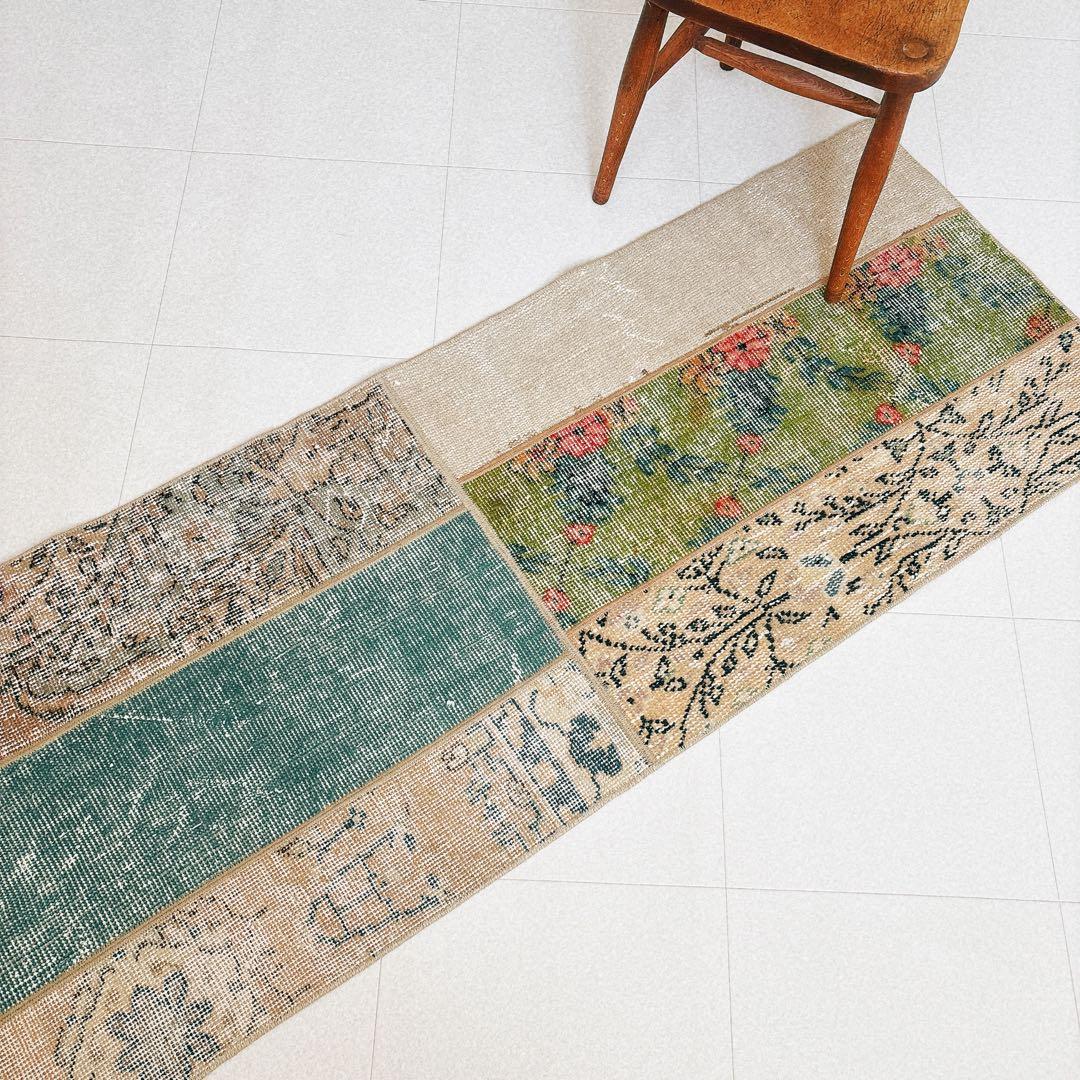 トルコ　ヴィンテージ　ラグ　パッチワーク　グリーン　ベージュ