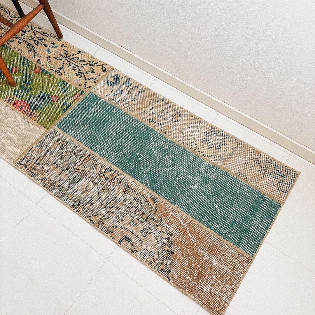 トルコ　ヴィンテージ　ラグ　パッチワーク　グリーン　ベージュ