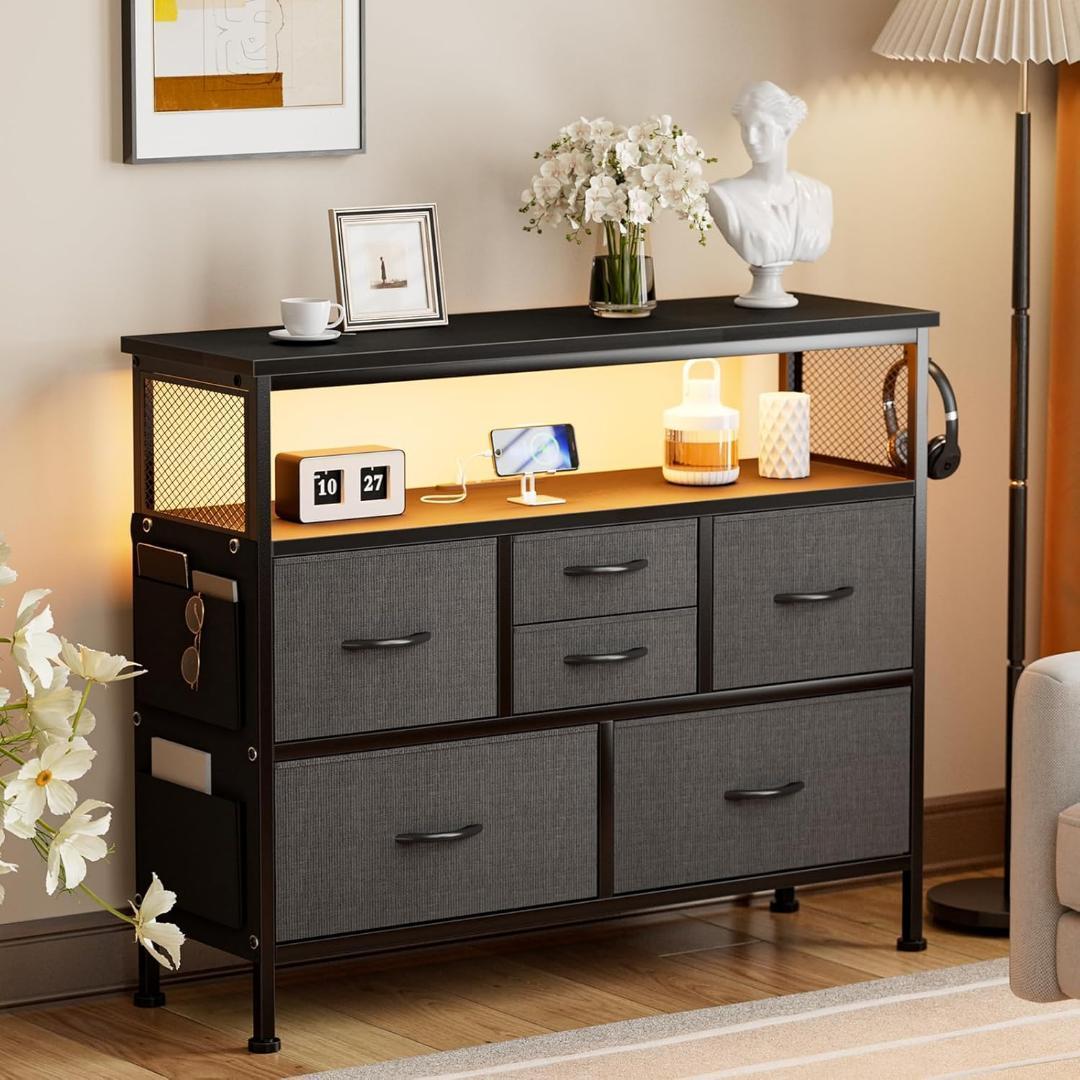 チェスト収納 箪笥 棚付き リビング収納チェストLEDライト付き