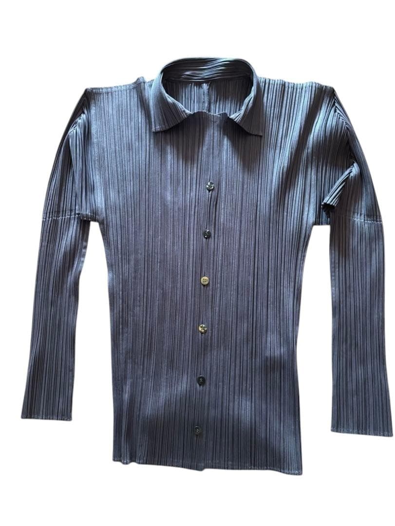 《美品》 プリーツプリーズ 長袖 カーディガン シャツ 3（L相当）ダークグレイ