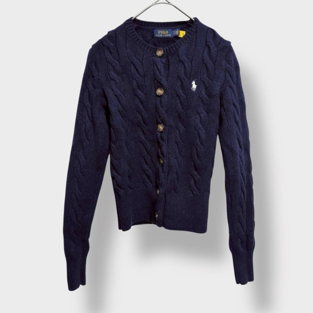 【ポロラルフローレン】ケーブルニットカーディガン　刺繍ロゴ　カシミヤ　ウール