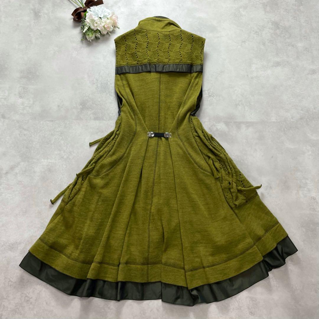 お洒落✨エイココンドウ ロングワンピース ロングジレ グリーン ニット 異素材