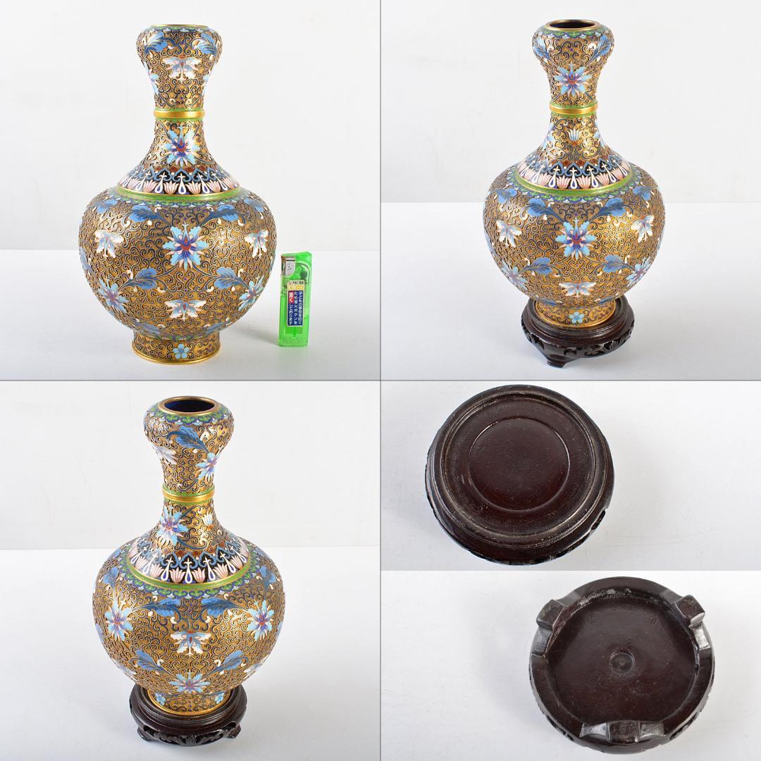 ZZ　中国　古七宝琺瑯彩　花文瓶　唐木台付　M　R5656